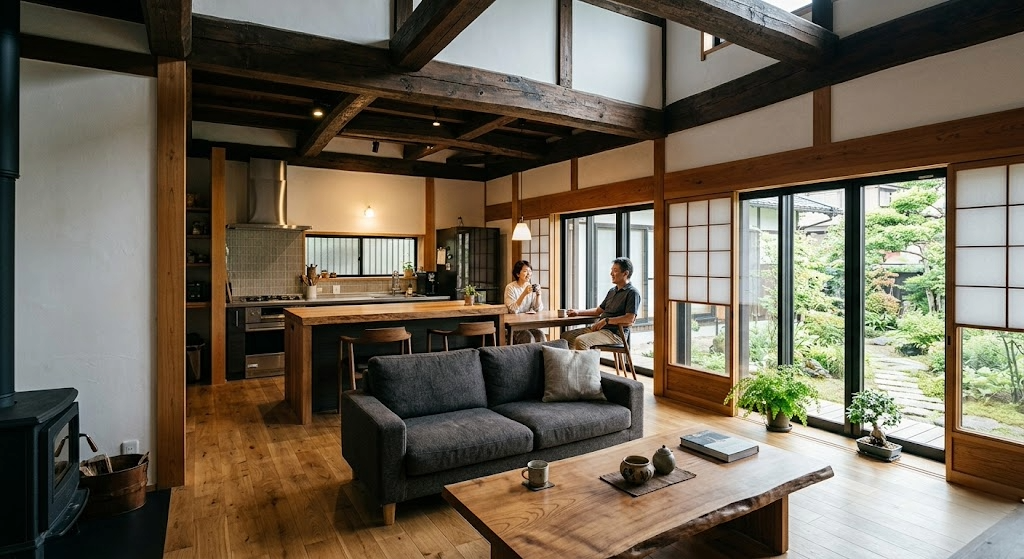 梁を活かした古民家リノベーション後のリビング — モダンと和の融合